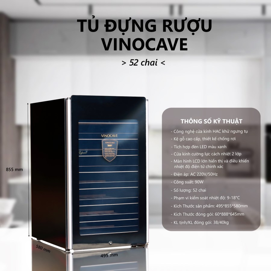 Tủ Rượu Vang Vinocave 52 Chai Máy Nén CWC-52A Có Sấy Kính